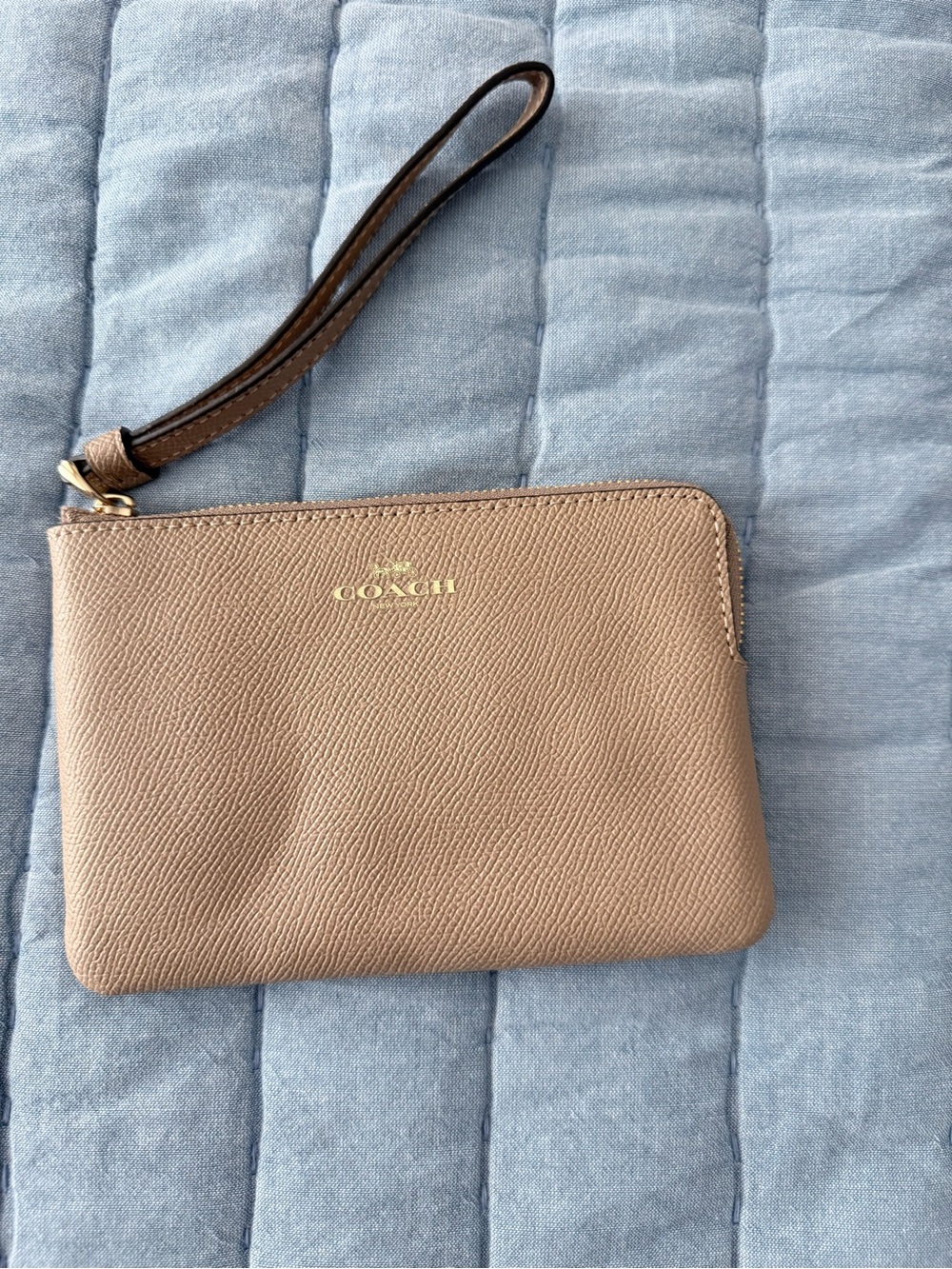 Coach Taupe Pebbled Leather Wristlet with Gold Logo - Brand New